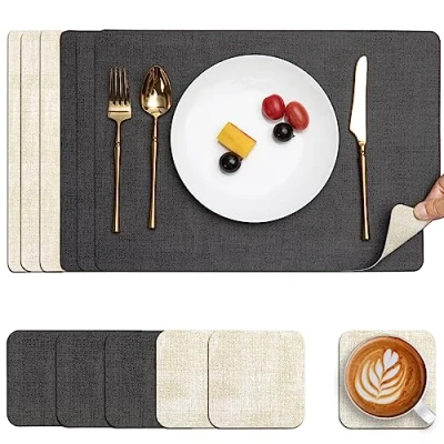 Afbeelding van Myir JUN Lederen Placemat en Onderzetters, Tafelmatten Waterdichte Afveegbare Dubbelzijdige Plaats Matten Koffiematten Antislip Wasbare Placemats Coaster (Grijs Wit, Sets 6)