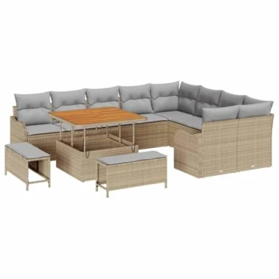 Afbeelding van vidaXL 12 delige tuinset met kussens in beige poly riet en acacia