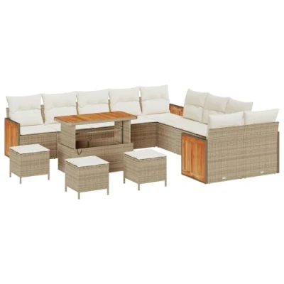 Afbeelding van vidaXL 14 delige Tuin Sofa Set met Kussens Beige Poly Rattan Acacia, 4 Eetset Acacia