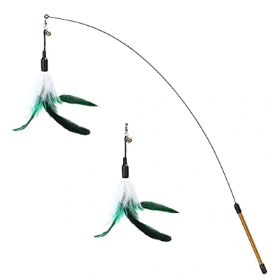 Afbeelding van Pawaboo Feather Teaser Cat Toy, Interactive Wand Toy Flying Catcher with Extra Long 34.5&quot; and Small Bell, Fun Exerciser Playing for kitten or cat, White &amp; Green