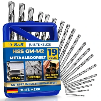 Afbeelding van S&amp;R metaalboorset 1 10mm 118, 19 stuks, GM serie DIN 338, geslepen, HSS staal, metalen doos, professionele kwaliteit