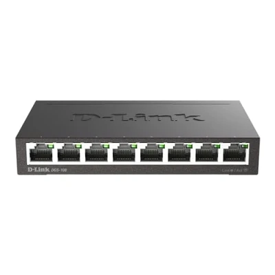 Afbeelding van D Link DGS 108 8 Port Layer2 Gigabit Switch (tot 1000 Mbps gegevensoverdracht per poort, non blocking architectuur, zonder ventilator, metalen behuizing) zwart, Ports
