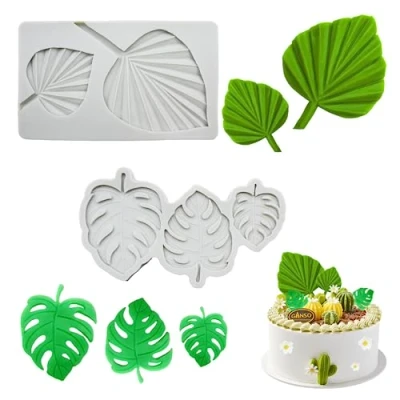 Afbeelding van 2 stuks 3D siliconen vormen, bladeren, fondant, zelf gemaakt monstera blad, gebruikt voor doe het handwerk, brood, chocolade, suiker, flippping, gelei, zeep, taartdecoratie (grijs)