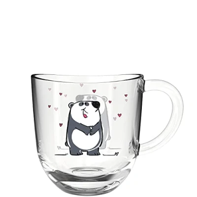 Afbeelding van Leonardo Bambini glazen beker, kinderbeker van glas met diermotief, vaatwasmachinebestendige theekop, panda hartjes, kleurrijk, 1 stuk, 280 ml, 022901