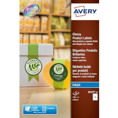 Afbeelding van AVERY Verpakking met 120 ronde etiketten, zelfklevend, glanzend, personaliseerbaar en bedrukbaar, diameter 60 mm, inkjetprinter, (J8105 10)