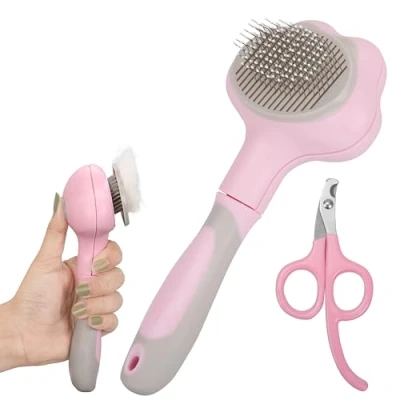 Afbeelding van Belle Vous Pink Pet Grooming Set Self Cleaning Shedding Brush and Nail Clippers for Long/Short Haired Cats &amp; Dogs Removes Loose Undercoat/Tangles