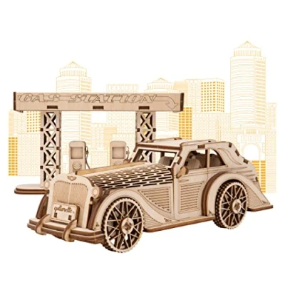 Afbeelding van qollorette 3D Houten Puzzel DIY Wooden Ambachten Spel Mannen Jongen Jigsaw Bouw Hoofdbreker Auto En Servicestation Retro Kits