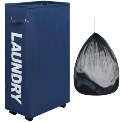 Afbeelding van DOKEHOM 29 inch vergrote slanke wasmand met verwijderbare waszak op wielen, opvouwbare rollende wasmand, smalle hoekopslag (donkerblauw)