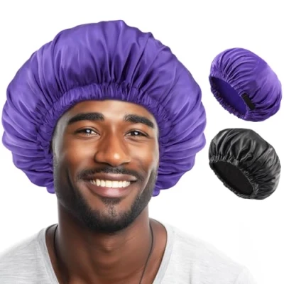 Afbeelding van Lolalet 2 stuks bonnet voor mannen, haar zijden mutsen om te slapen heren verstelbare satijnen nachtmuts dreadlocks afrovlechten krullend, Zwart + Paars, One Size Large