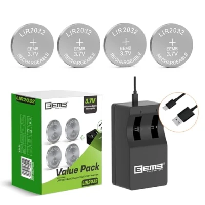 Afbeelding van EEMB LIR2032 Oplaadbare Batterij Oplader met 4 STKS 3.7 V Lithium ion Coin Knoopcel Batterijen 45 mAh voor auto Afstandsbediening Sleutelhanger Horloge