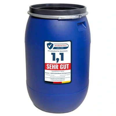 Afbeelding van plasteo® Vat met brede hals en deksel spanring, geschikt voor levensmiddelen BPA vrij, kunststof vat, dekselvat, regenton, opslagvat, zuurkoolvat, stapelbaar pallets, blauw