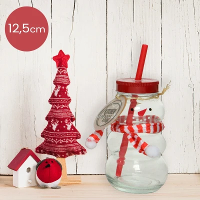 Afbeelding van Rode glazen limonadebeker kerst sneeuwpop met rietje en gestreepte sjaal Ø7,5 x 12,5 cm