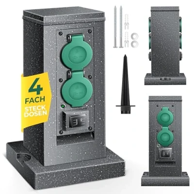 Afbeelding van KESSER® Stekkerdoos voor buiten met 4 Stopcontacten en Grondpen Tuinstekkerdoos Kabellengte 3m weerbestendig IP44 AAN/Auto Schemersensor Tuin Box Antraciet