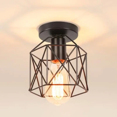 Afbeelding van iDEGU Vintage industriële plafondlamp met metalen kooi, zeshoekig, hanglamp, geometrisch design, E27 voor slaapkamer, café, restaurant, hal, gang, 15 cm, zwart