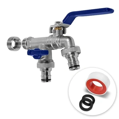 Afbeelding van YourCasa Kraan voor de tuin, 1/2 inch en 3/4 inch, van messing, incl. 2 slangaansluitingen afdichtband, kogelkraan buiten, vorstbestendig, uitloopkraan, regenton buitenkraan, afvoerventiel