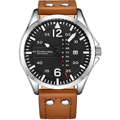 Afbeelding van Stührling Aeronaut 3916 Quartz 43mm Aviator Horloge Zwarte Wijzerplaat / Zilveren Kast Bruine Leren Band Gesp Waterbestendigheid 10 ATM