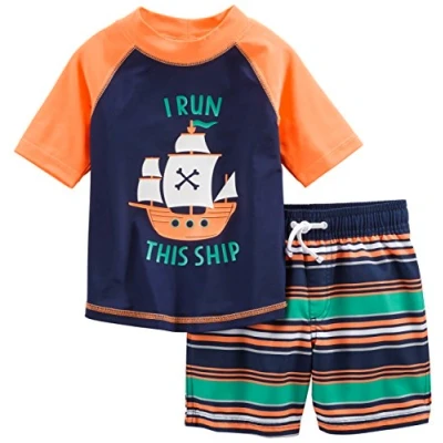 Afbeelding van Simple Joys by Carter&#039;s Badpak voor peuters en babyjongens met zwembroek rashguard set, Navy Oranje Schepen/Witte Streep, 4T
