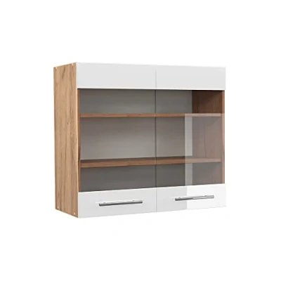 Afbeelding van Vicco Glazen keukenkast Fame Line, Wit Hoogglans/Bruin, 80 cm