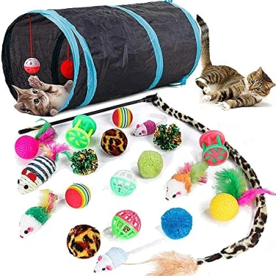 Afbeelding van 21 stuks kattenspeelgoed voor binnenkatten opvouwbare kattentunnel interactieve veer teaser toverstaf bal speelgoed kittenkatten