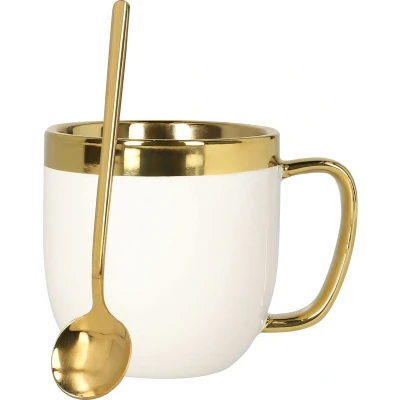Afbeelding van HOMLA sensorische beker + lepel met gouden decoratie mok theekop koffiemok 0,28 l porselein verguld handgeschilderd wit en goud
