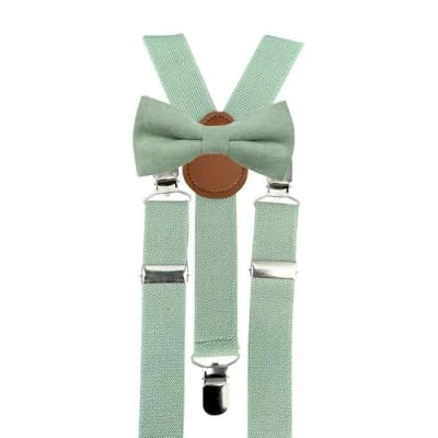 Afbeelding van Set met vlinderdas en bretels van katoenmix, voor kinderen jongens, Saliegroene eucalyptus bretels, Bow Tie: Length 10cm, width 5cm