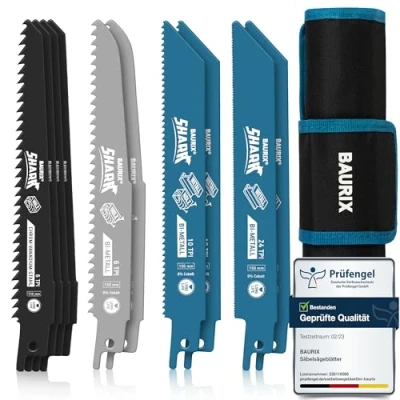 Afbeelding van BAURIX® reciprozaagbladen SHARK® [10 stuks] Reciprozaagblad voor snel en zuiver zagen Reciprozaagbladset met tas Zaagbladen hout, onbehandeld hout metaal