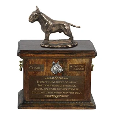 Afbeelding van Art Dog Custom Sitting Statue Memorial Urn Handgemaakt koud gegoten brons op berkenhouten voet 8,3x11,4x8,7 5l Bullterriër II