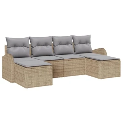 Afbeelding van vidaXL 6 delige tuinsofa set met kussens Beige Poly Rattan, 2 zits opbergruimte &amp; Rattan