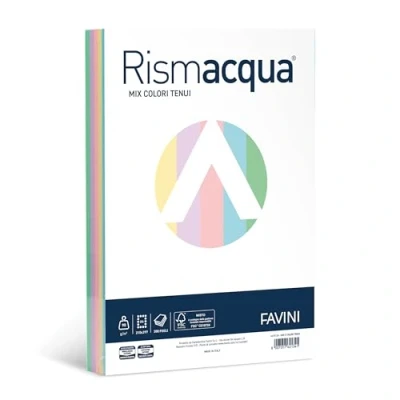 Afbeelding van Rismacqua® 300 vel A4 90 g/m2 5 pasteltinten geel rose blauw lilla groen 60 per kleur FAVINI Made in Italy PAPIER
