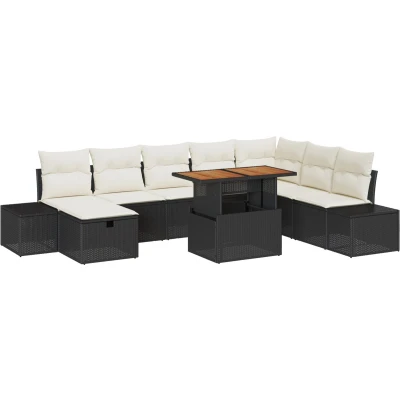 Afbeelding van vidaXL 9 delige Tuin Eet Set met Kussens Zwarte Poly Rattan Acacia
