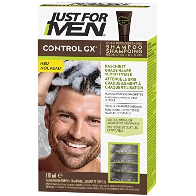 Afbeelding van Just For Men Control GX Shampoo, geleidelijke haarverduistering, voor het verminderen van grijs haar, haarkleurmiddel, natuurlijk kleurresultaat, met kokosolie en aloë vera alle haarkleuren, 118 ml