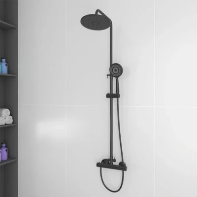 Afbeelding van Plumbsys Douchesysteem met thermostaat Zwart, regendouche, Ronde douchekop 22cm, doucheset, douche incl. ABS handdouche, roestvrij stalen douchestang