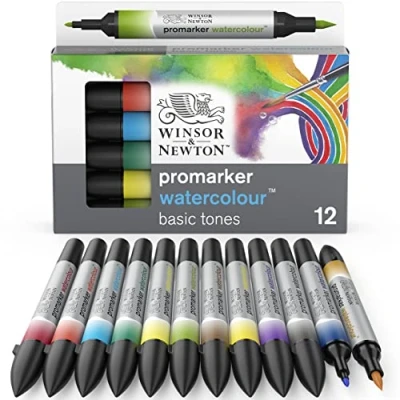 Afbeelding van Winsor &amp; Newton 0290165 Aquarelmarker 2 punten, penseel en fijne punt, lichtecht, hoog gepigmenteerde aquarelverf voor kalligrafie, tekeningen Water Colour Marker, Set 12 Stuks