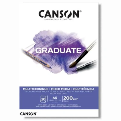 Afbeelding van Canson Graduate, gemengd papier, medium, licht, 200 g, korte zijde, A5 14,8 x 21 cm, glanzend wit, 20 vellen