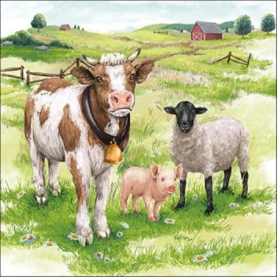 Afbeelding van 20 servetten dieren koe, varken en schaap als tafeldecoratie. Papieren met motief. Ook voor decoupage servettentechniek 33x33cm