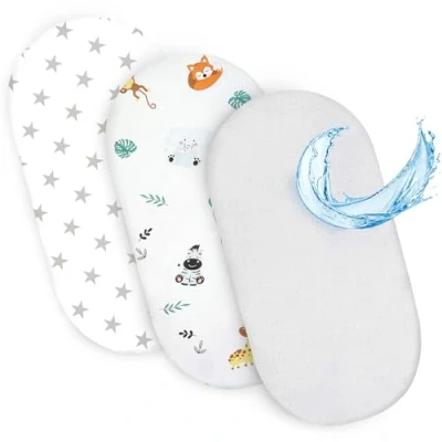 Afbeelding van Hoeslaken kinderwagenwiegset 2 x hoes en waterdichte matrasbeschermer matrashoes zijbed laken 75 35 cm safari wit