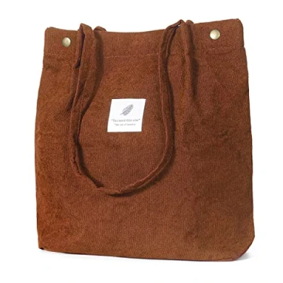 Afbeelding van Modieuze strandtas, tote bag, lichte corduroy tas voor dames, jute tas, schoudertas, shopper, grote school, werk, winkelen, reizen en dagelijks gebruik (wit), bruin