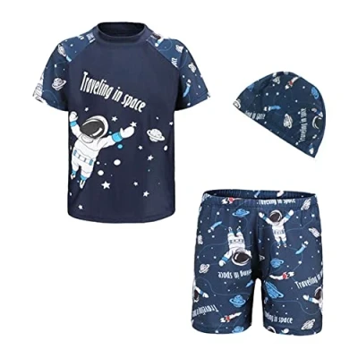 Afbeelding van FedMois Kinderen Jongens Zwempak 3 delig Badmode Set Zwemshirt Zwemshorts Badmuts, Astronaut, 5 7 jaar