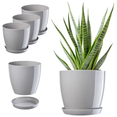 Afbeelding van KADAX Bloempot, plantenpotset met onderschotel, bloempot van kunststof, ronde sierpot voor binnenshuis, bloemen en kamerplanten, kruidenpot (set 3 20 cm, grijs)