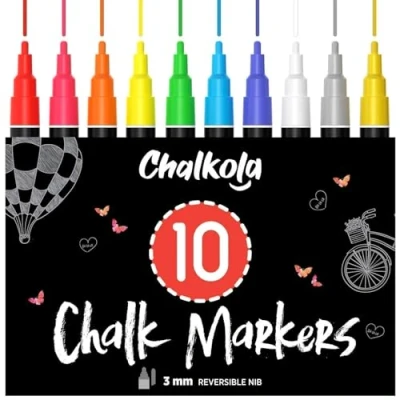 Afbeelding van Chalkola krijtstiften voor schoolbord, afwasbaar, 10 neon met zilveren &amp; gouden pen 3 mm omkeerbare punt krijtstift ramen, glas, bord vloeibare volwassenen en