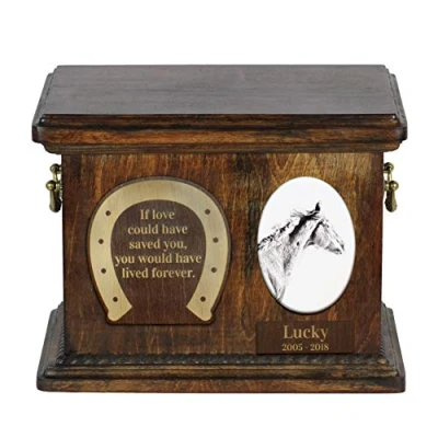 Afbeelding van Art Dog Custom Horse Memorial urn Handgemaakte houten Gepersonaliseerde keramische plaat en gravure Duurzame langdurige 8,3x11,4x8,7 Volbloed