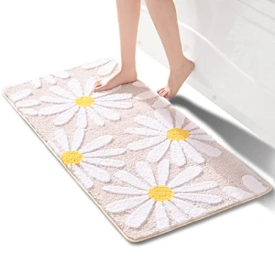 Afbeelding van QJHOMO Beige badkamertapijt, schattige madeliefjes, badmat, antislip, wasbaar, witte en gele bloem, zachte douchemat, absorberend, 60 x 120 cm