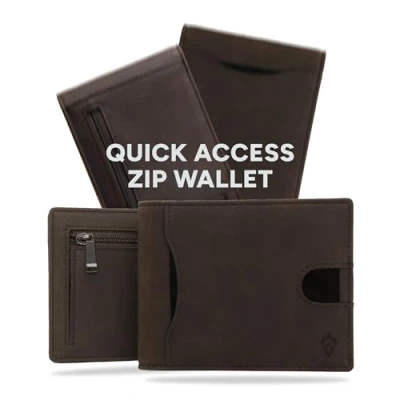 Afbeelding van AKIELO RFID Blokkerende Bifold Kaart Portemonnee met Ritssluiting Muntzakje en Geschenkdoos Stijlvolle Heren Creditcardhouder Portemonnees voor (DELTA Donkere Mokka Rits)