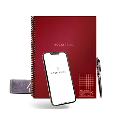 Afbeelding van Rocketbook Matrix Graph Notebook Eco Friendly Reusable with 1 Pilot Frixion Pen &amp; Microfiber Cloth Included Maroon, Letter Size