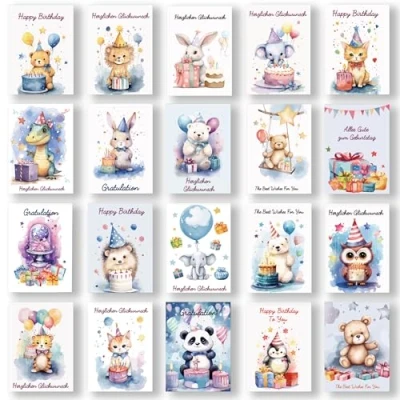Afbeelding van BIROYAL Set van 27 hoogwaardige verjaardagskaarten, premium wenskaart, ansichtkaart voor verjaardag met envelop, verjaardagskaart, Happy Birthday kaarten (aquarel dier)