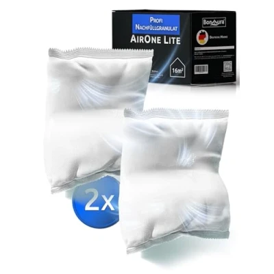 Afbeelding van BonAura® AirOne Lite luchtontvochtiger navulverpakking, 2 delige set, 450 g, granulaat, ontvochtiger navulverpakking voor badkamer en keuken, bescherming tegen schimmel geuren