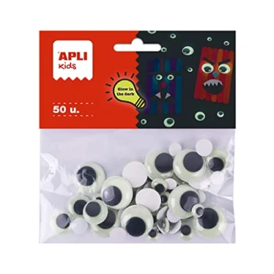Afbeelding van APLI Kids 19368 verpakking met 50 ronde kleefogen, die &#039;s nachts oplichten &quot;Glow in the dark&quot; om te knutselen en knutselen.
