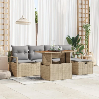 Afbeelding van vidaXL 6 Delige Tuin Sofa Set met Kussens Beige Poly Rattan, 2 Zits Opslag &amp; Rattan