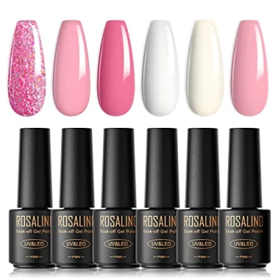 Afbeelding van ROSALIND Uv nagellak, pastel, 6 kleuren, mini gelnagellakset, wit, roze, lichtroze, glitter, Shellac, soak off, uv/led French manicure voor vrouwen, moeder, cadeauset, doe het zelf