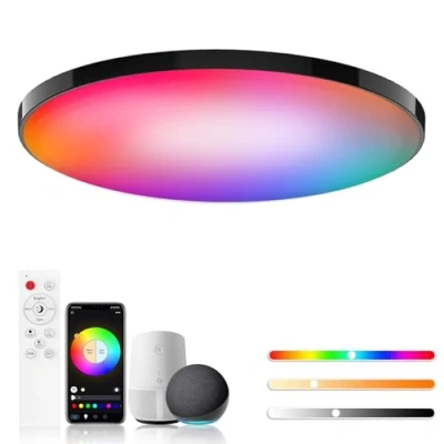 Afbeelding van Birnetek® plafondlamp, led, 30 W, RGB rond, 2700 K 6500 K, dimbaar, compatibel met Alexa, app bediening, afstandsbediening, voor slaapkamer, woonkamer, zwart